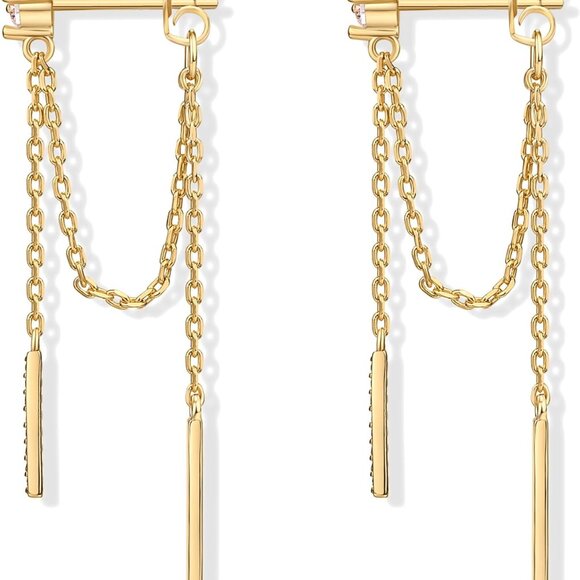 18K Gold Plated Sterling Silver Posts Drop Dangle Chain Earrings for Women | Dan - Picture 3 of 6